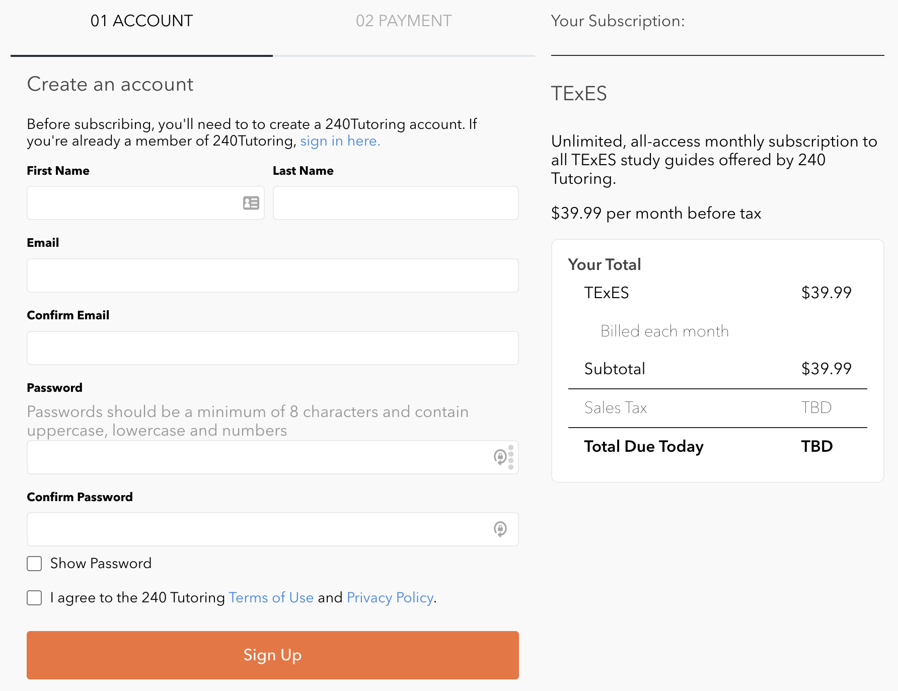 Initial 240 Tutoring Subscription Process
